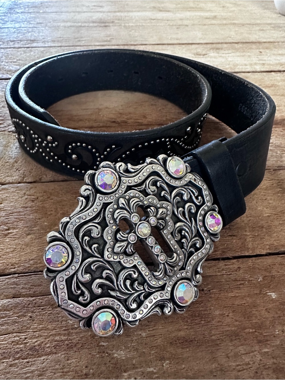 Tony Lama Black Leather Belt with Ornate Silver-Tone Buckle and Aurora Crystals